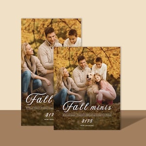 May include: Two rectangular promotional flyers featuring a family of four and a golden retriever in an autumn forest setting. The text reads Fall minis, 20 Minute Session, 10 Edited Images, Online Gallery, Print Release, $175, and NOW BOOKING.
