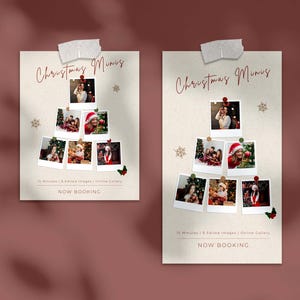 Peut inclure: Deux flyers rectangulaires beiges avec le texte Christmas Minis, 15 Minutes | 8 Edited Images | Online Gallery, et NOW BOOKING. Chaque flyer présente six photos style polaroïd disposées en forme de sapin, ornées d'icônes de flocons dorés.