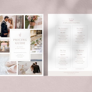 May include: A two-page wedding photography pricing guide template featuring a collage of wedding photos on the left and a list of four collection packages with prices on the right. The text includes "PRICING GUIDE" and "Wedding COLLECTIONS".
