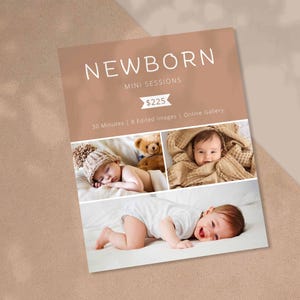 Könnte beinhalten: Ein rechteckiger Flyer mit beigem Hintergrund und dem Text NEWBORN MINI SESSIONS. Er enthält drei Fotos von Säuglingen: eines schlafend mit Strickmütze, eines in eine beige Decke gewickelt und eines lächelnd auf einer weißen Unterlage.