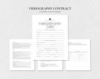 Plantilla de contrato de videografía / Acuerdo de servicios de vídeo para videógrafos / Plantilla editable de Canva