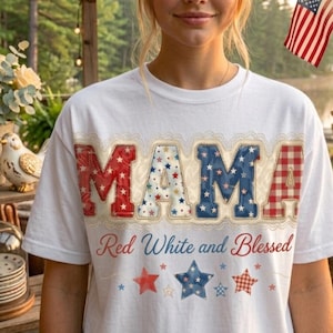 Mama Patchwork Patriotic USA T-Shirt Red White Blessed Tee