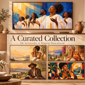 May include: A digital collection of 50 artworks featuring a choir in white robes, a person resting by a coastal sunset, a person in a hat overlooking a landscape, a person in a colorful patterned top, and a person in a geometric print top.
