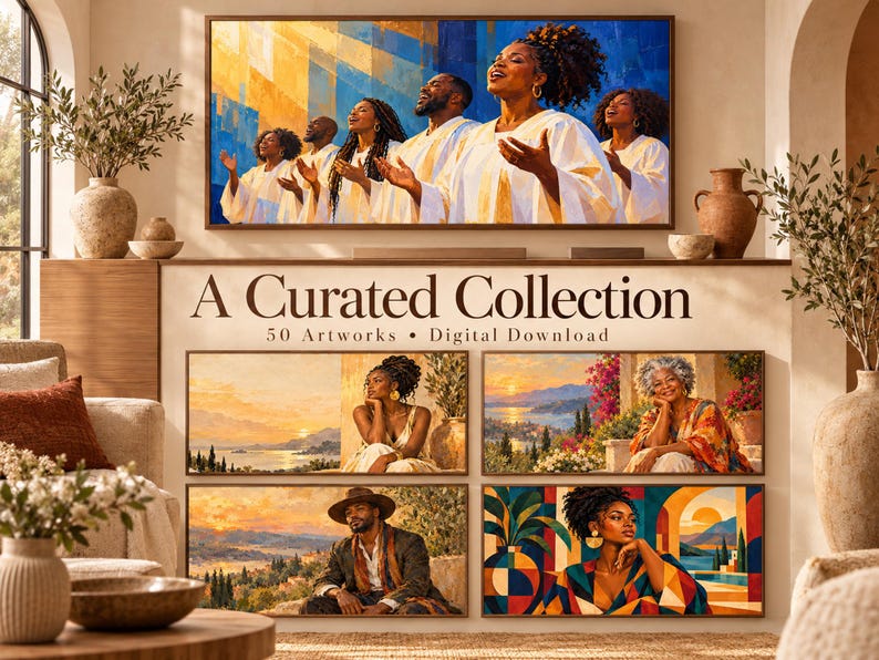 May include: A digital collection of 50 artworks featuring a choir in white robes, a person resting by a coastal sunset, a person in a hat overlooking a landscape, a person in a colorful patterned top, and a person in a geometric print top.