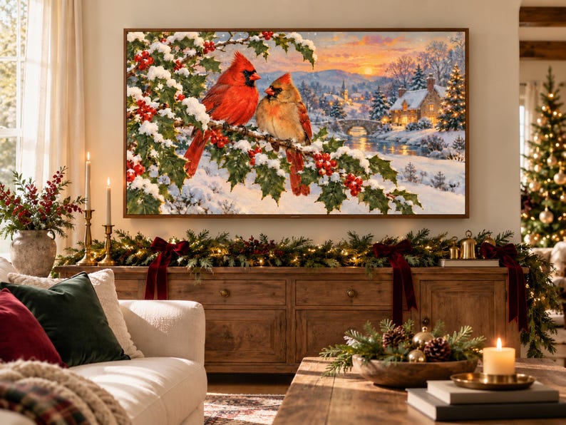 Pu&ograve; includere: Una stampa artistica rettangolare raffigurante due cardinali appollaiati su un ramo di agrifoglio innevato con bacche rosse. Lo sfondo mostra un paesaggio invernale con un cottage in pietra, un ponte e un cielo al tramonto su un villaggio.