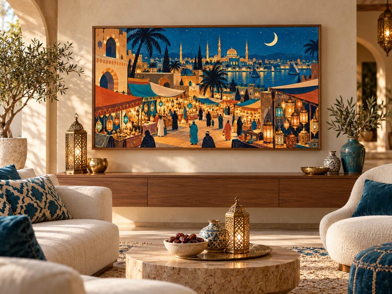 May include: A rectangular wall art print depicting a vibrant night market scene with colourful stalls, glowing lanterns, and a distant cityscape featuring a mosque and a crescent moon. The artwork is framed in wood and displayed above a wooden console table.