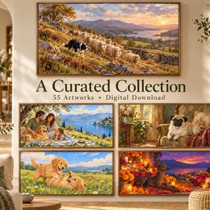 May include: A digital collection of 55 artworks featuring framed landscape and animal scenes. The images display a sheepdog herding sheep, a family with a dog by a lake, a pug on a chair, golden retrievers playing, and a dog amidst marigolds.