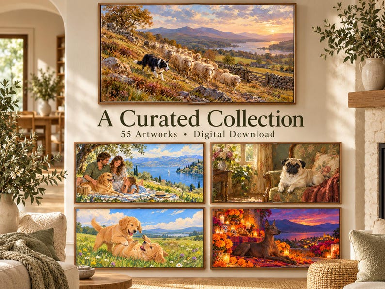 May include: A digital collection of 55 artworks featuring framed landscape and animal scenes. The images display a sheepdog herding sheep, a family with a dog by a lake, a pug on a chair, golden retrievers playing, and a dog amidst marigolds.