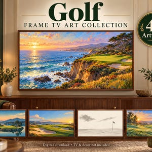 Puede incluir: Una colecci&oacute;n digital de 40 obras de arte de golf para televisor, con una pantalla grande que muestra un campo de golf costero al atardecer, cuatro miniaturas debajo y el texto Golf FRAME TV ART COLLECTION.