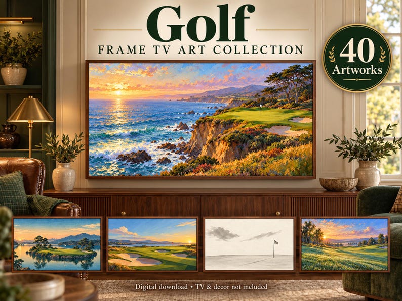 Puede incluir: Una colecci&oacute;n digital de 40 obras de arte de golf para televisor, con una pantalla grande que muestra un campo de golf costero al atardecer, cuatro miniaturas debajo y el texto Golf FRAME TV ART COLLECTION.