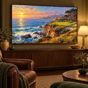 Puede incluir: Un televisor rectangular grande montado en la pared que muestra una pintura de paisaje costero vibrante con una puesta de sol sobre el oc&eacute;ano, acantilados rocosos y un campo de golf verde, colocado sobre un mueble multimedia de madera oscura.