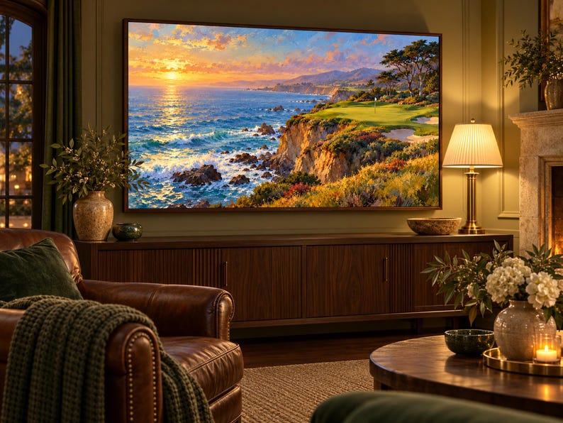 Puede incluir: Un televisor rectangular grande montado en la pared que muestra una pintura de paisaje costero vibrante con una puesta de sol sobre el oc&eacute;ano, acantilados rocosos y un campo de golf verde, colocado sobre un mueble multimedia de madera oscura.