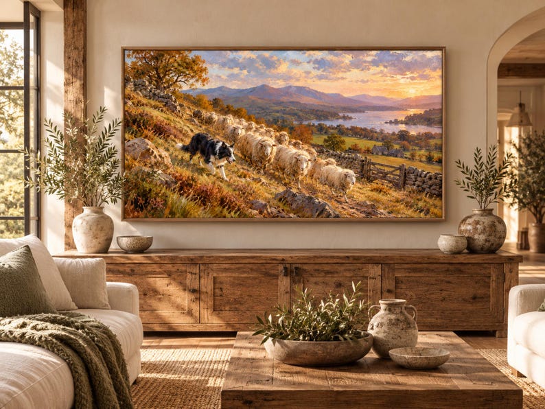 Puede incluir: Un cuadro de paisaje rectangular que muestra a un border collie blanco y negro pastoreando un reba&ntilde;o de ovejas por una ladera cubierta de hierba. La escena incluye un muro de piedra, un lago lejano y monta&ntilde;as bajo un cielo al atardecer.