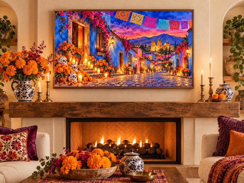 Dia de los Muertos フレーム TV アート バンドル、サムスン フレーム TV 用 50 日の死者のデザイン、カラベラ & マリーゴールド アート、オフレンダ装飾、4K 画像 6