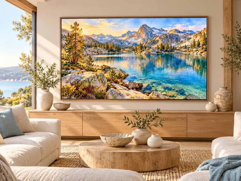 May include: A large rectangular wall art print featuring a vibrant landscape of a clear blue mountain lake, rocky shores, and evergreen trees under a golden sky, displayed in a thin wooden frame above a long light wood media console.