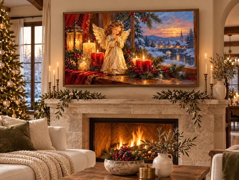 Puede incluir: Un cuadro decorativo enmarcado que muestra una figura de &aacute;ngel con alas de pie entre velas rojas, vegetaci&oacute;n y un farol, con un paisaje de pueblo nevado visible a trav&eacute;s de una ventana al fondo, colgado sobre una chimenea de piedra encendida.