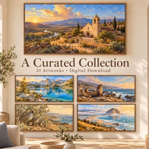May include: A digital download collection of 51 artworks featuring landscape paintings of a mission, a mountain lake, sea lions on a rocky coast, quail in a field, and a coastal beach scene with a large rock formation, all displayed in wooden frames.