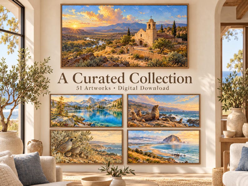 May include: A digital download collection of 51 artworks featuring landscape paintings of a mission, a mountain lake, sea lions on a rocky coast, quail in a field, and a coastal beach scene with a large rock formation, all displayed in wooden frames.