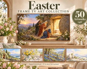 Paquete de 50 láminas decorativas para televisión con marcos de Pascua, diseños primaverales y cristianos (descarga digital)