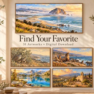May include: A collection of five landscape artworks displayed on a wall, featuring coastal scenes, wildlife, a mountain lake, and a mission building. The text "Find Your Favorite" and "51 Artworks &bull; Digital Download" is printed in the center.