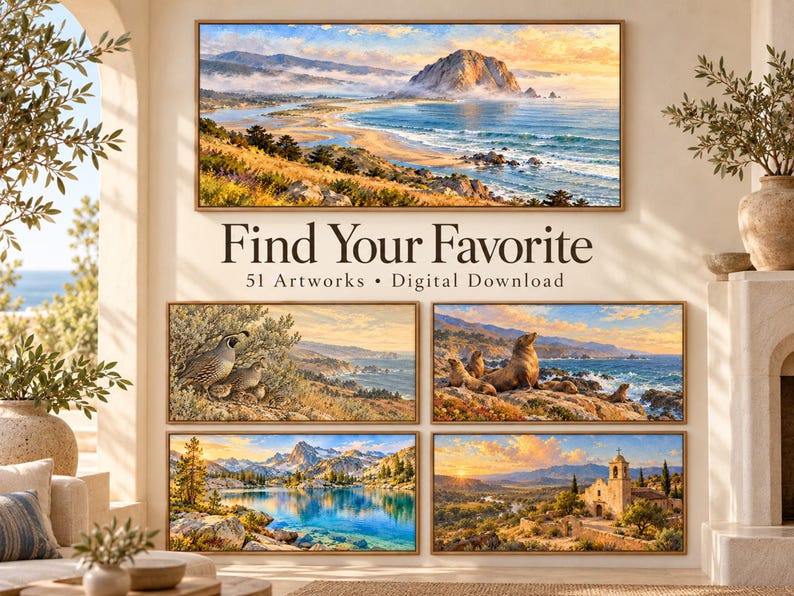 May include: A collection of five landscape artworks displayed on a wall, featuring coastal scenes, wildlife, a mountain lake, and a mission building. The text "Find Your Favorite" and "51 Artworks &bull; Digital Download" is printed in the center.