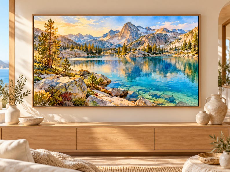 May include: A rectangular framed wall art print featuring a vibrant landscape painting of a clear blue mountain lake surrounded by pine trees and rocky terrain under a golden sunrise sky, mounted on a light-colored wall above a wooden console.