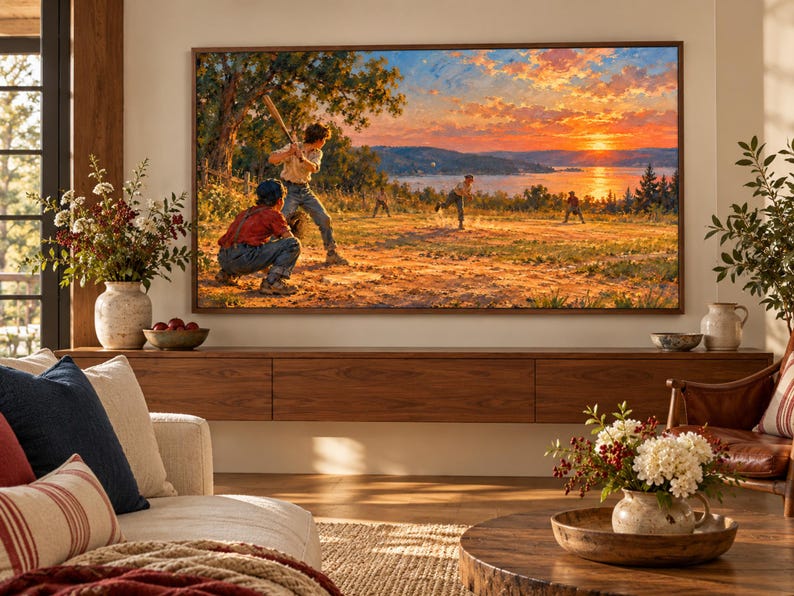 May include: A large rectangular television mounted on a wall displays a vibrant landscape painting of children playing baseball in a field at sunset. The screen shows a warm orange and blue sky over a body of water with trees and figures in the foreground.
