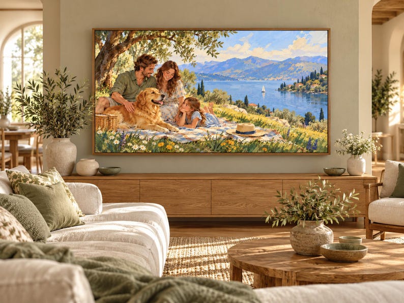May include: A rectangular wall art print in a wooden frame depicting a family of three and a golden retriever sitting on a picnic blanket under an olive tree, overlooking a blue lake with distant mountains and a small sailboat on the water.