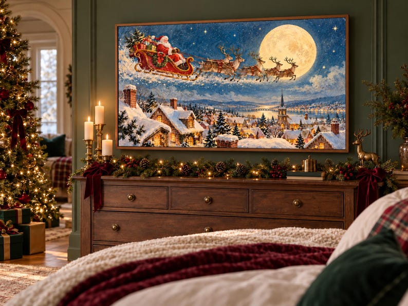 Pu&ograve; includere: Una stampa artistica rettangolare da parete che raffigura una scena festiva di Babbo Natale su una slitta rossa trainata da renne che volano in un cielo notturno con una grande luna piena sopra un villaggio innevato con finestre illuminate.