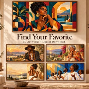 May include: A digital download collection of 50 artworks featuring diverse people in Mediterranean-inspired landscapes. The images display vibrant colors, geometric patterns, and scenic coastal views with sunsets, rendered in a painterly style.