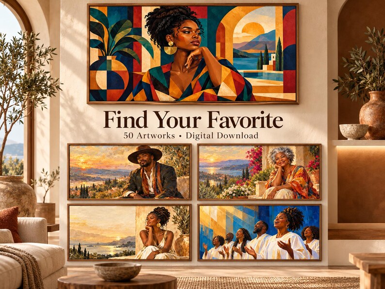 May include: A digital download collection of 50 artworks featuring diverse people in Mediterranean-inspired landscapes. The images display vibrant colors, geometric patterns, and scenic coastal views with sunsets, rendered in a painterly style.