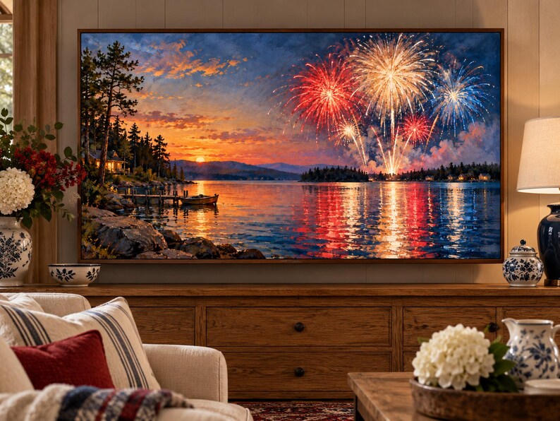 May include: A rectangular wall art print featuring a vibrant sunset over a calm lake with a small boat docked near a pine-covered shoreline, illuminated by large, colorful red, gold, and blue fireworks bursting in the night sky above.