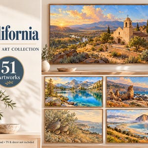 May include: A digital collection of 51 California-themed artworks for a frame TV, featuring landscapes of a mission, mountain lake, sea lions on rocks, quail, and a coastal beach scene. The text reads California Frame TV Art Collection.
