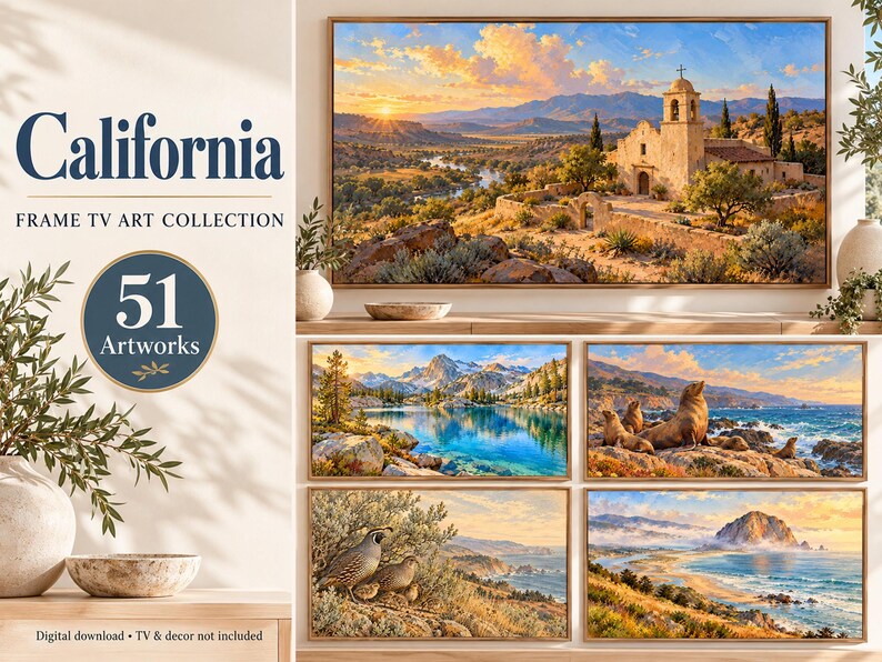 May include: A digital collection of 51 California-themed artworks for a frame TV, featuring landscapes of a mission, mountain lake, sea lions on rocks, quail, and a coastal beach scene. The text reads California Frame TV Art Collection.