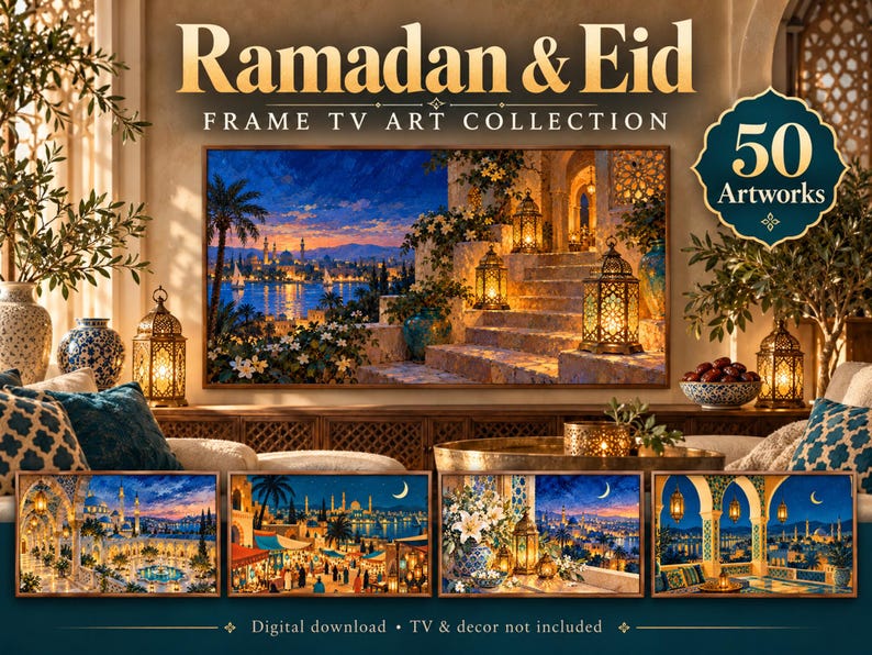 May include: A digital collection of 50 Ramadan & Eid Frame TV art pieces featuring vibrant illustrations of Middle Eastern architecture, glowing lanterns, night cityscapes, and festive scenes, presented as a set of high-resolution digital files.