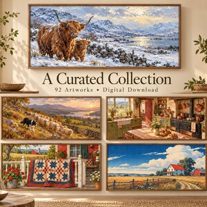 Puede incluir: Una colecci&oacute;n de descarga digital de 92 obras de arte que presenta pinturas de paisajes de ganado Highland en la nieve, ovejas en colinas, una cocina r&uacute;stica, un porche con una colcha y una granja en un campo.