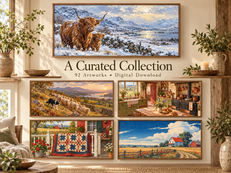 Puede incluir: Una colecci&oacute;n de descarga digital de 92 obras de arte que presenta pinturas de paisajes de ganado Highland en la nieve, ovejas en colinas, una cocina r&uacute;stica, un porche con una colcha y una granja en un campo.