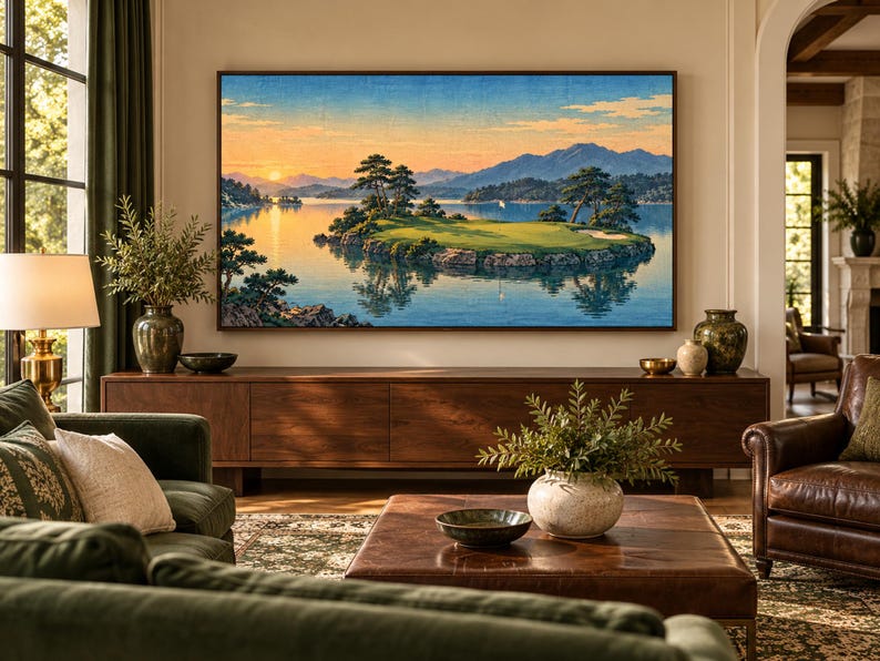 Puede incluir: Una gran obra de arte mural rectangular enmarcada que representa un paisaje sereno con una isla de campo de golf en el centro de un lago tranquilo, rodeada de monta&ntilde;as bajo un suave cielo de atardecer con tonos naranja y azul.