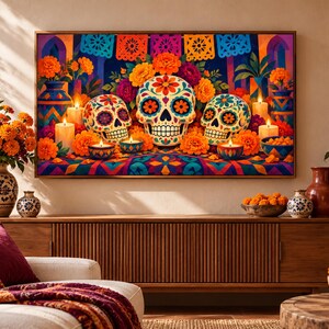 Dia de los Muertos フレーム TV アート バンドル、サムスン フレーム TV 用 50 日の死者のデザイン、カラベラ & マリーゴールド アート、オフレンダ装飾、4K 画像 13