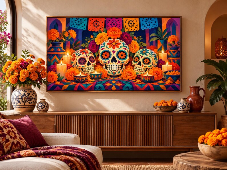 Dia de los Muertos フレーム TV アート バンドル、サムスン フレーム TV 用 50 日の死者のデザイン、カラベラ & マリーゴールド アート、オフレンダ装飾、4K 画像 13