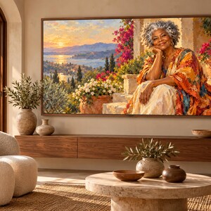 May include: A large rectangular television screen mounted on a wall displays a vibrant impressionist-style painting of a sunset over a coastal landscape with a person sitting on stone steps surrounded by colorful flowers and lush greenery.