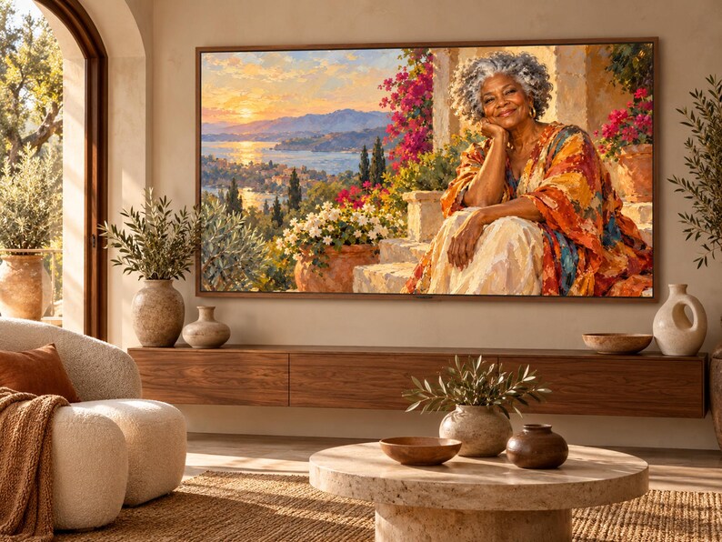 May include: A large rectangular television screen mounted on a wall displays a vibrant impressionist-style painting of a sunset over a coastal landscape with a person sitting on stone steps surrounded by colorful flowers and lush greenery.