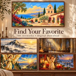 Puede incluir: Una colecci&oacute;n de cinco obras de arte rectangulares que muestran una misi&oacute;n costera, monta&ntilde;as nevadas, el interior de una catedral, un &aacute;ngel de vidrieras y una escena invernal con un &aacute;ngel, con el texto Find Your Favorite 101 Artworks Digital Download.
