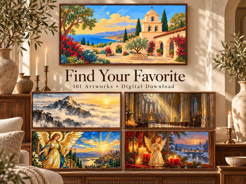 Puede incluir: Una colecci&oacute;n de cinco obras de arte rectangulares que muestran una misi&oacute;n costera, monta&ntilde;as nevadas, el interior de una catedral, un &aacute;ngel de vidrieras y una escena invernal con un &aacute;ngel, con el texto Find Your Favorite 101 Artworks Digital Download.