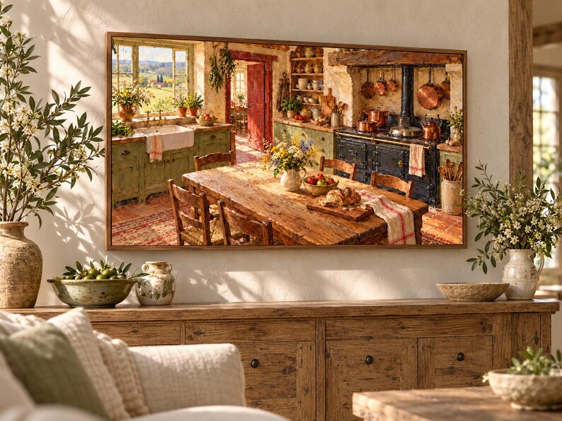 Puede incluir: Un cuadro rectangular que representa una cocina r&uacute;stica con una larga mesa de comedor de madera, sillas, una estufa vintage negra, utensilios de cocina de cobre y una ventana con vistas a un paisaje rural soleado con colinas verdes.