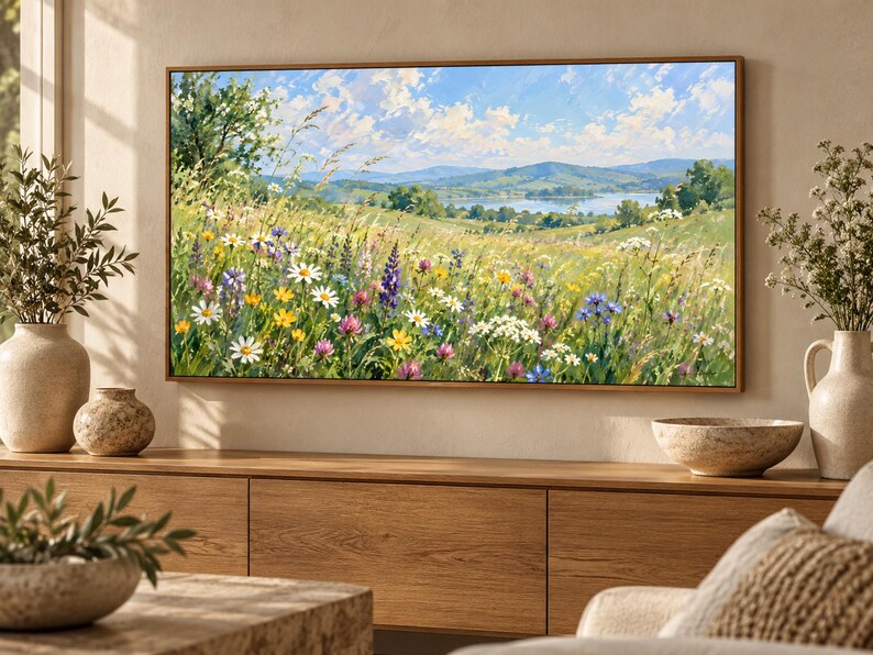 May include: A rectangular landscape painting in a thin wooden frame depicting a vibrant meadow filled with white, yellow, purple, and pink wildflowers under a bright blue sky with white clouds, overlooking rolling green hills and a distant lake.