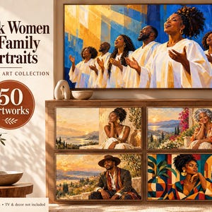 May include: A digital collection of 50 artworks titled Black Women & Family Portraits Frame TV Art Collection. The display features a large top image of a choir in white robes and four smaller landscape paintings depicting individuals in scenic settings.