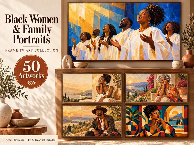 May include: A digital collection of 50 artworks titled Black Women & Family Portraits Frame TV Art Collection. The display features a large top image of a choir in white robes and four smaller landscape paintings depicting individuals in scenic settings.
