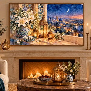 May include: A rectangular wall art print featuring a vibrant painting of a bouquet of white lilies in a blue patterned vase, ornate metal lanterns, and a bowl of flowers on a balcony overlooking a city skyline at night under a crescent moon.