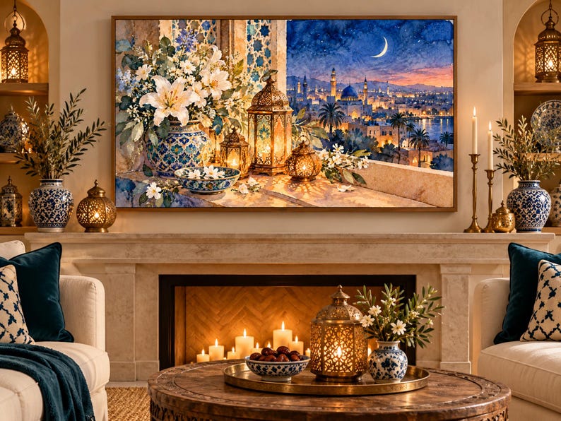 May include: A rectangular wall art print featuring a vibrant painting of a bouquet of white lilies in a blue patterned vase, ornate metal lanterns, and a bowl of flowers on a balcony overlooking a city skyline at night under a crescent moon.